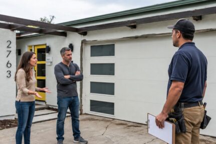Homeowners reviewing remodeling plans and contracts with a design-build consultant before starting a home renovation project in San Diego.