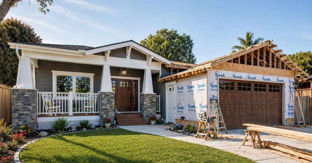 Home remodeling project showing both finished exterior and active construction