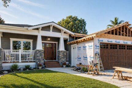 Home remodeling project showing both finished exterior and active construction