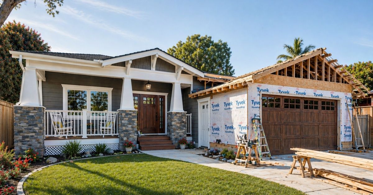 Home remodeling project showing both finished exterior and active construction