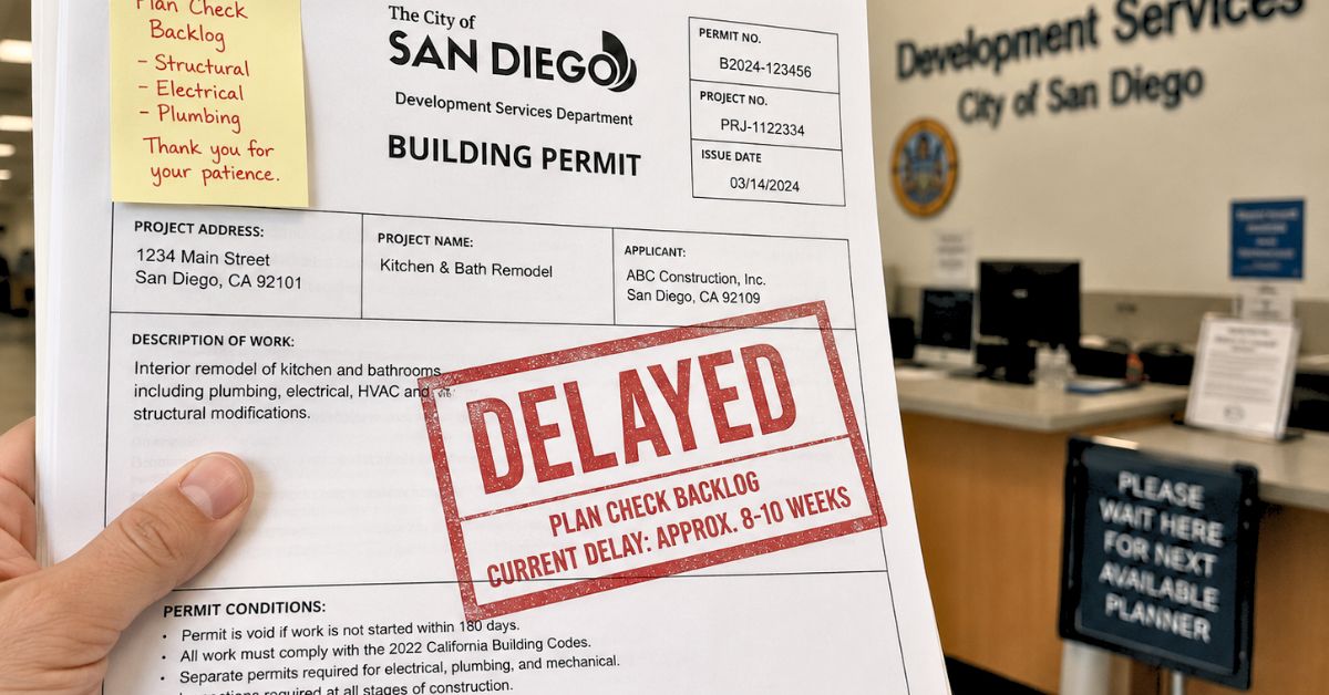 Delayed remodeling permit paperwork stamped with backlog notice at the City of San Diego Development Services Department.