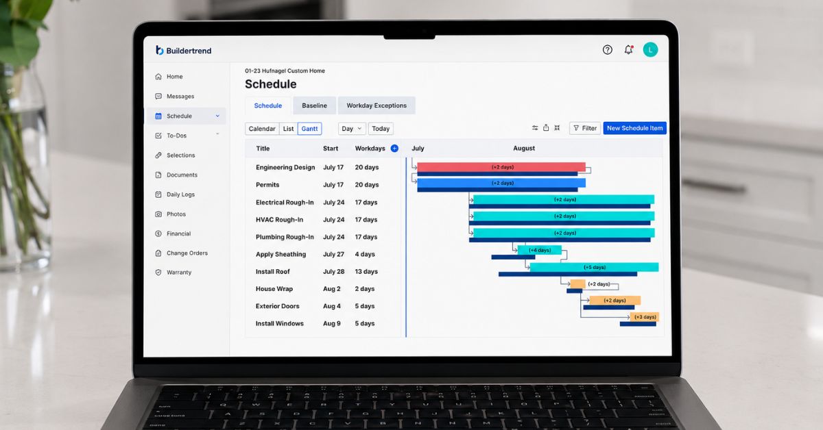Construction schedule displayed on a laptop showing project phases, work durations, and milestone tracking.