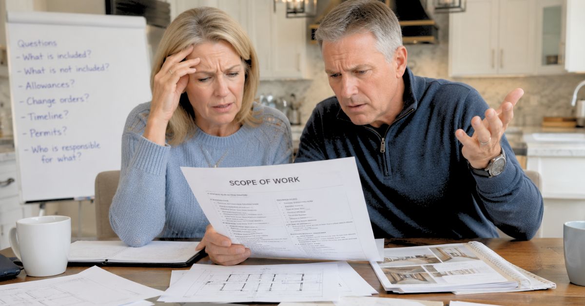 Couple reviewing a remodeling scope of work document while discussing project details and contractor responsibilities.