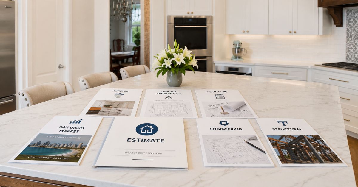 Remodeling planning documents, estimates, engineering plans, and permitting materials displayed across a kitchen island during project preparation.