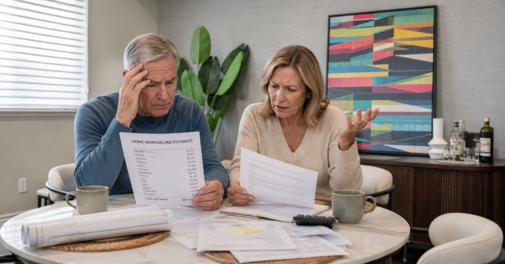 Homeowners reviewing remodeling documents and floor plans with a design-build professional during an estimate consultation.