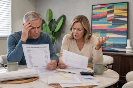 Homeowners reviewing remodeling documents and floor plans with a design-build professional during an estimate consultation.