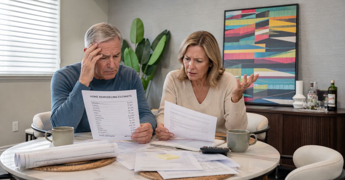 Homeowners reviewing remodeling documents and floor plans with a design-build professional during an estimate consultation.