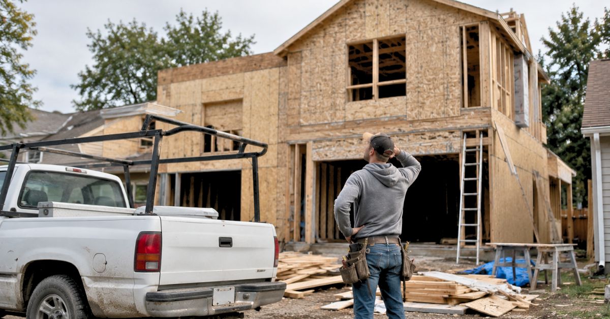 Homeowners looking confused while reviewing a remodeling scope of work and project documents at their kitchen table.