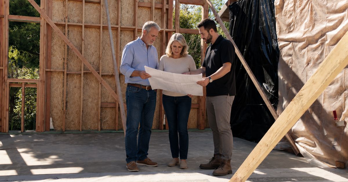 Homeowners signing remodeling documents with a design-build professional during the project planning process.