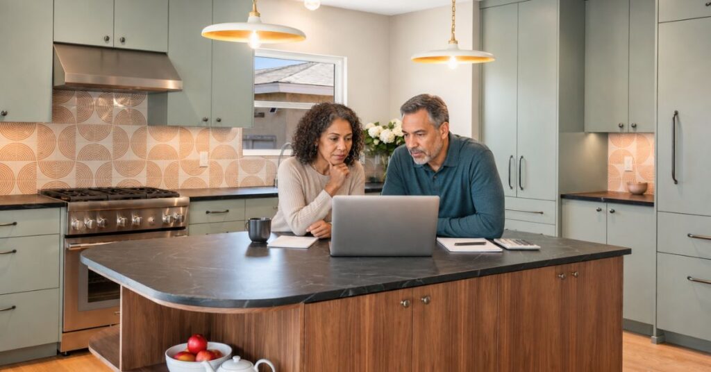 Homeowners reviewing remodeling information and pricing online from their kitchen while planning a future renovation project.