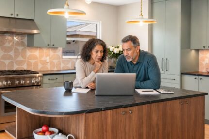 Homeowners reviewing remodeling information and pricing online from their kitchen while planning a future renovation project.