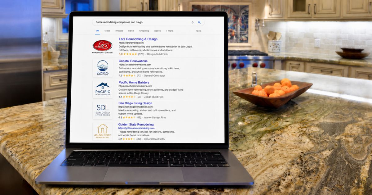 Laptop displaying online search results for home remodeling companies and renovation pricing information in San Diego.
