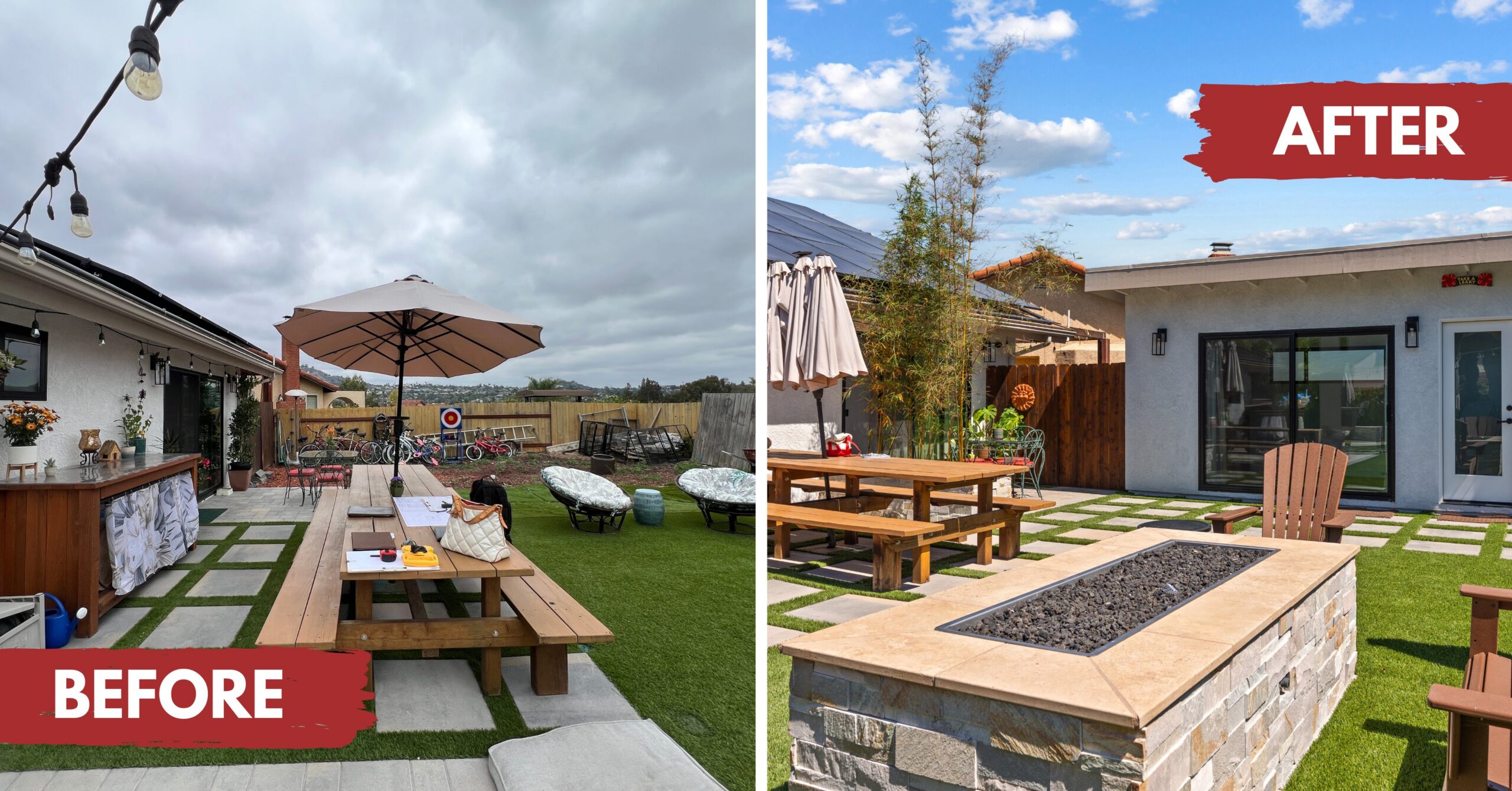 Before and after comparison of a Spring Valley backyard transformation featuring a new accessory structure, fire pit, paver pathways, and upgraded outdoor living spaces.