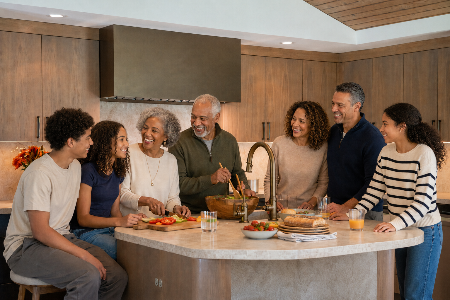 Multi-generational family gathered together at home, representing modern families living comfortably across multiple generations under one roof.