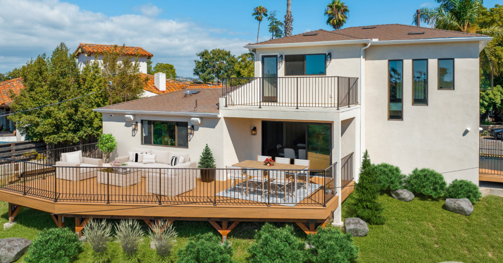 Fully remodeled San Diego home with expanded outdoor living area, elevated deck, modern windows, and custom exterior upgrades.