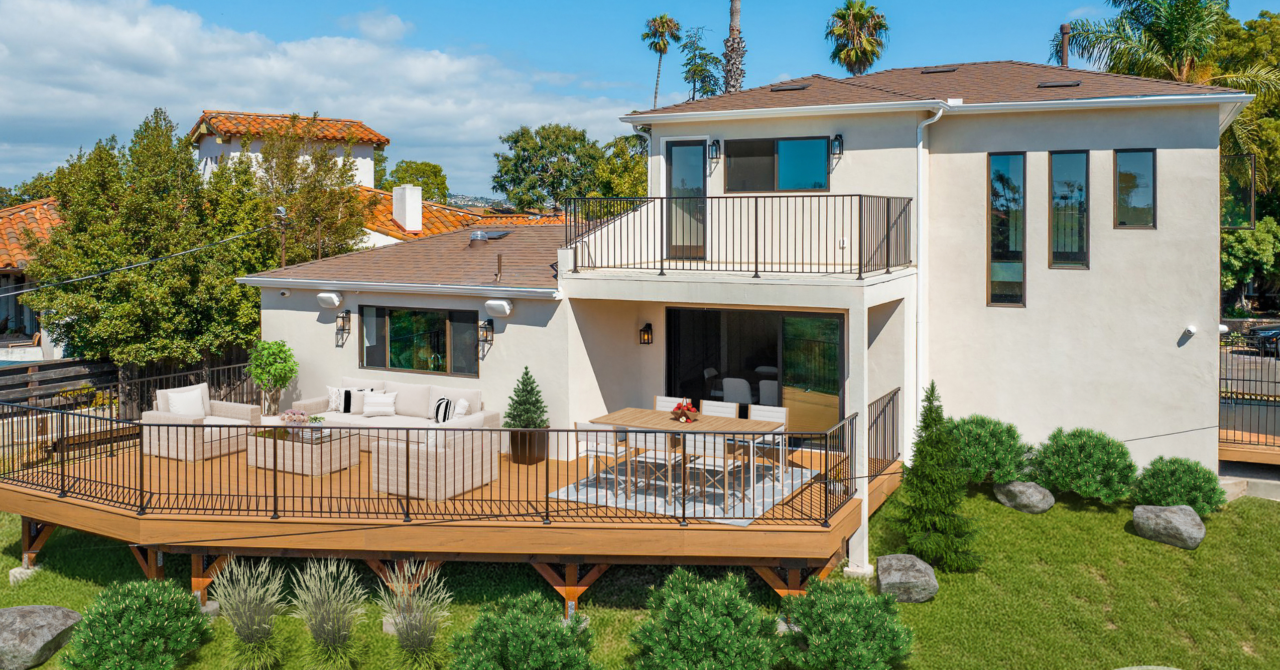 Fully remodeled San Diego home with expanded outdoor living area, elevated deck, modern windows, and custom exterior upgrades.