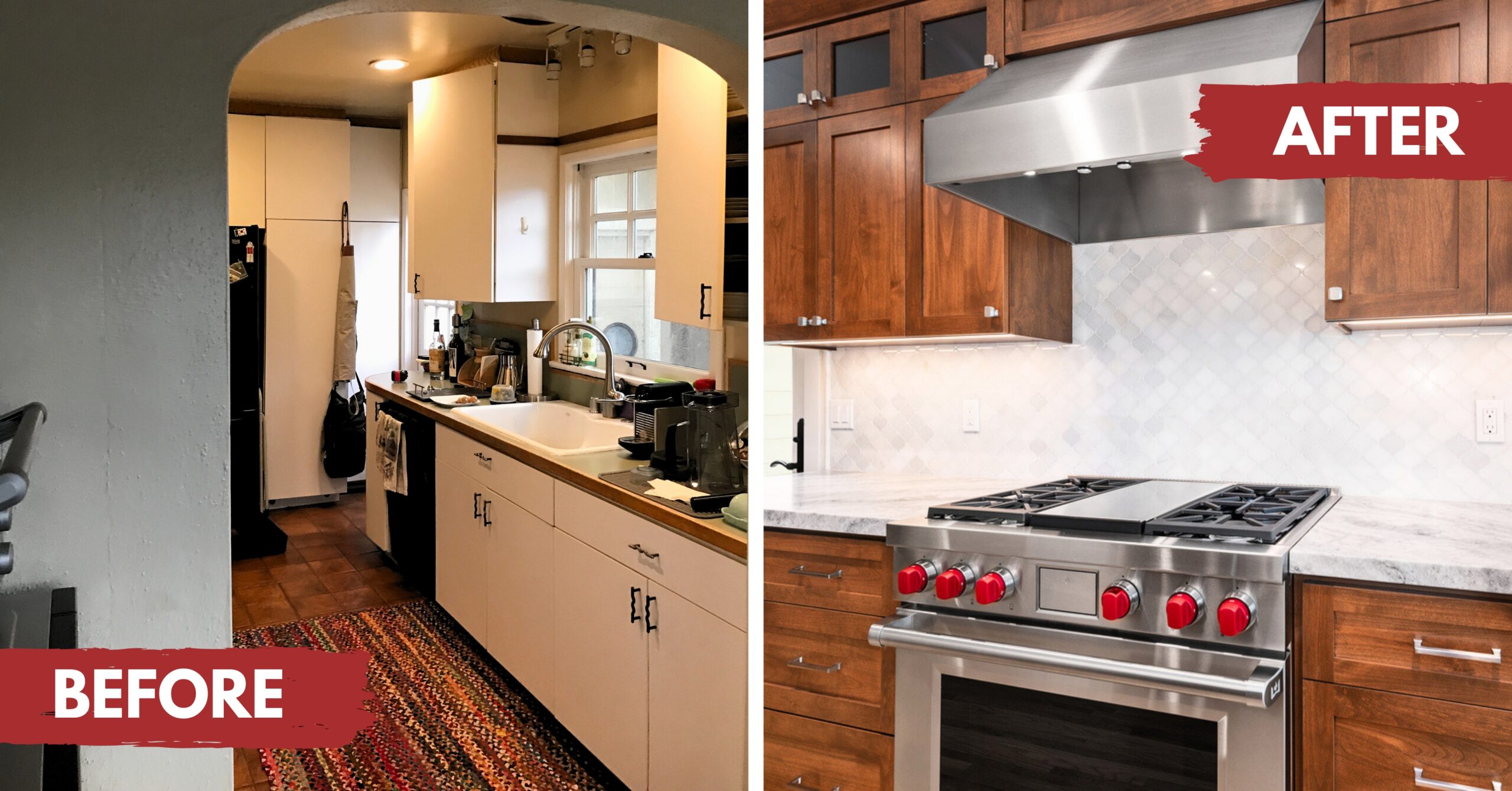 Before and after kitchen remodel in a historic South Park showing the transformation from an enclosed layout to an open, functional kitchen with custom cabinetry and professional appliances.