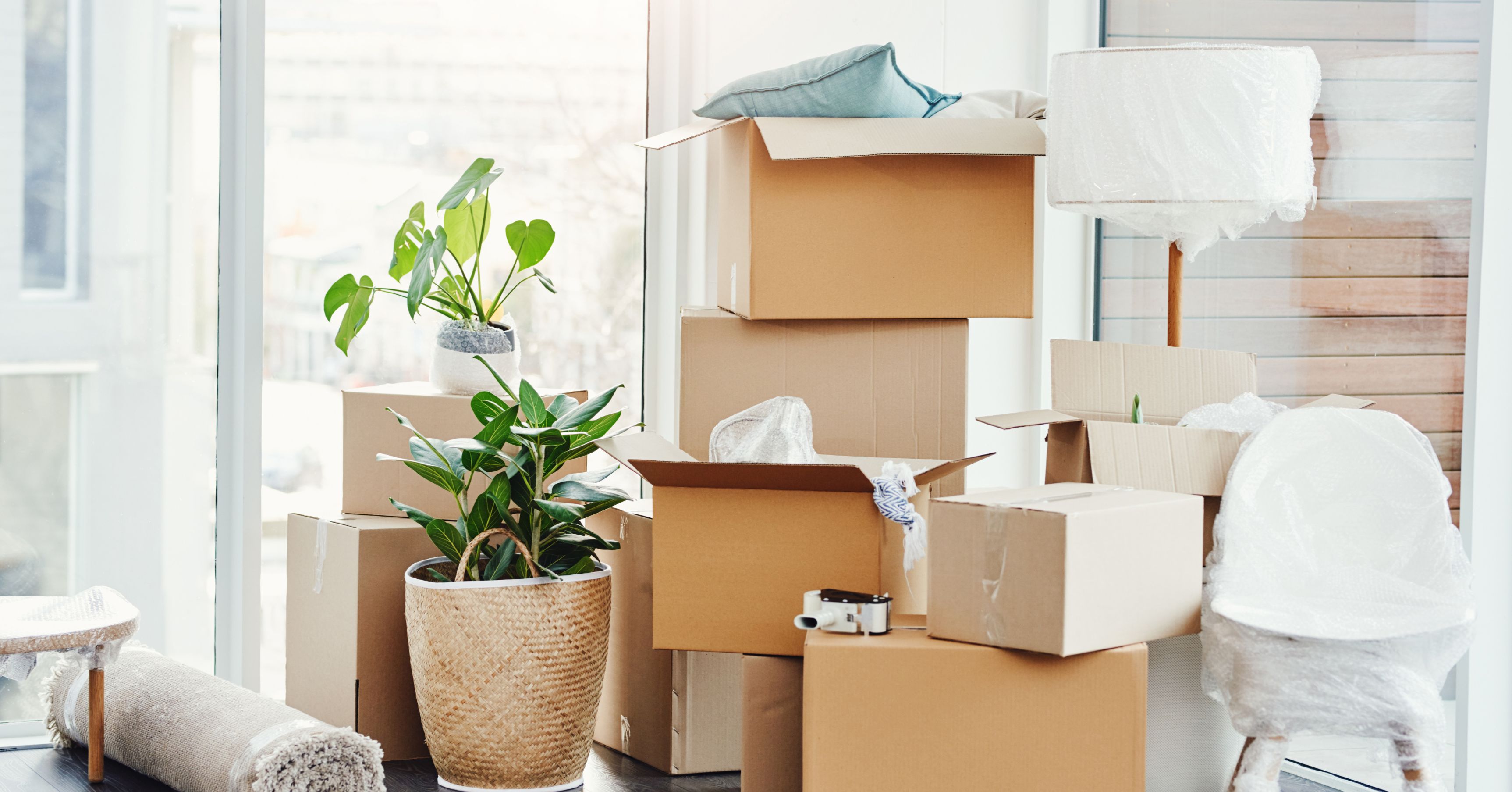 Moving boxes, packed belongings, and furniture in a bright home, representing the decision between renovating an existing house or moving to a new one.