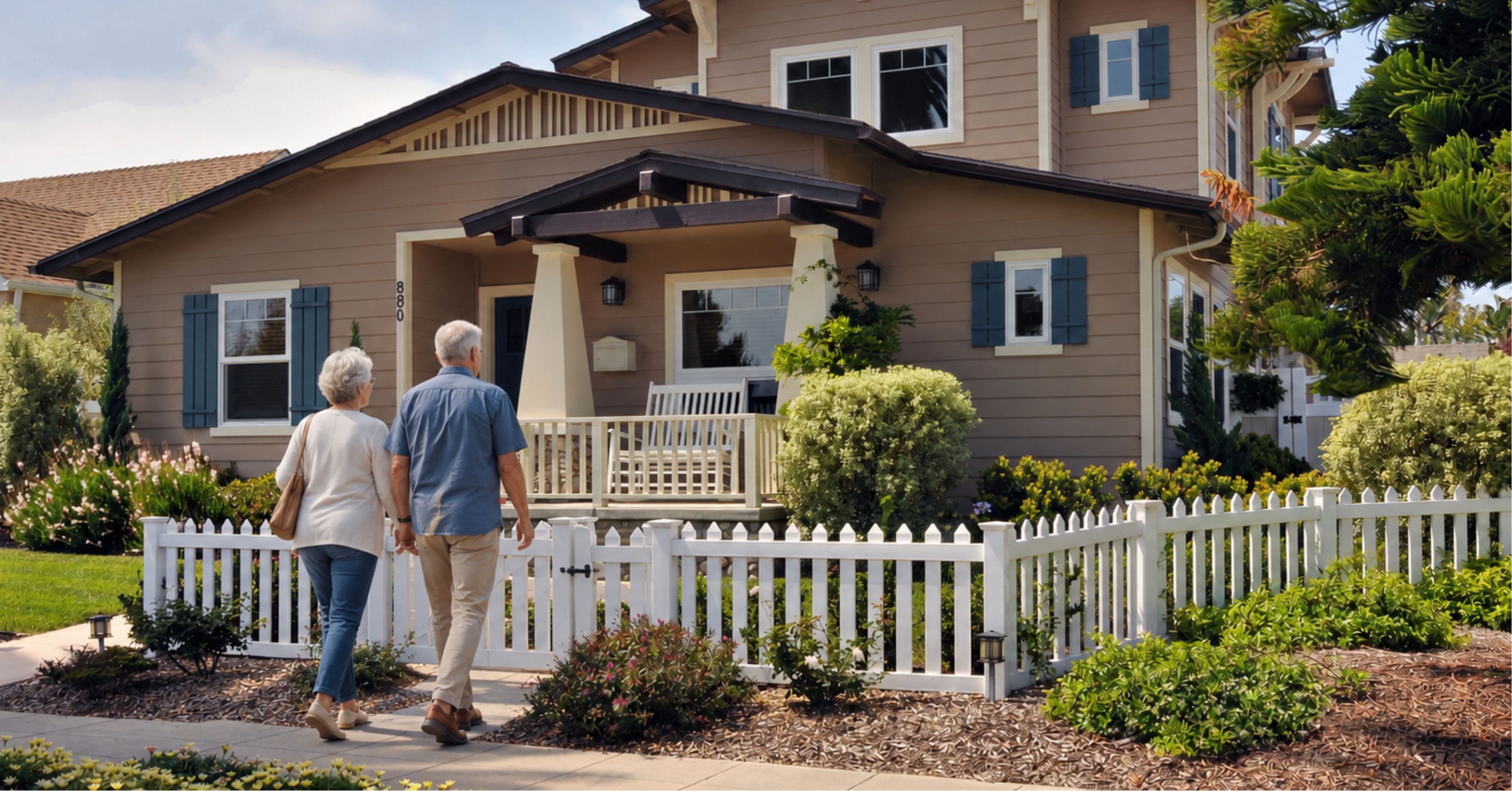 Older couple walking toward a well-maintained home with landscaped yard and front porch, representing independent living and aging in place.