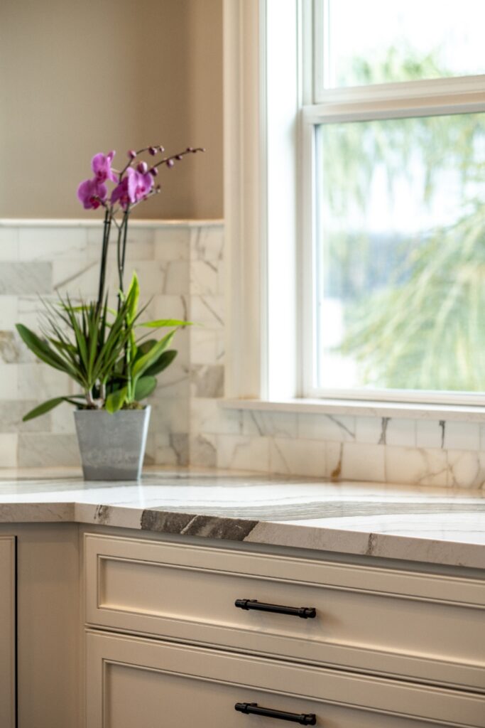 White kitchen drawers with black hardware beneath a veined stone countertop and sunlit window.
