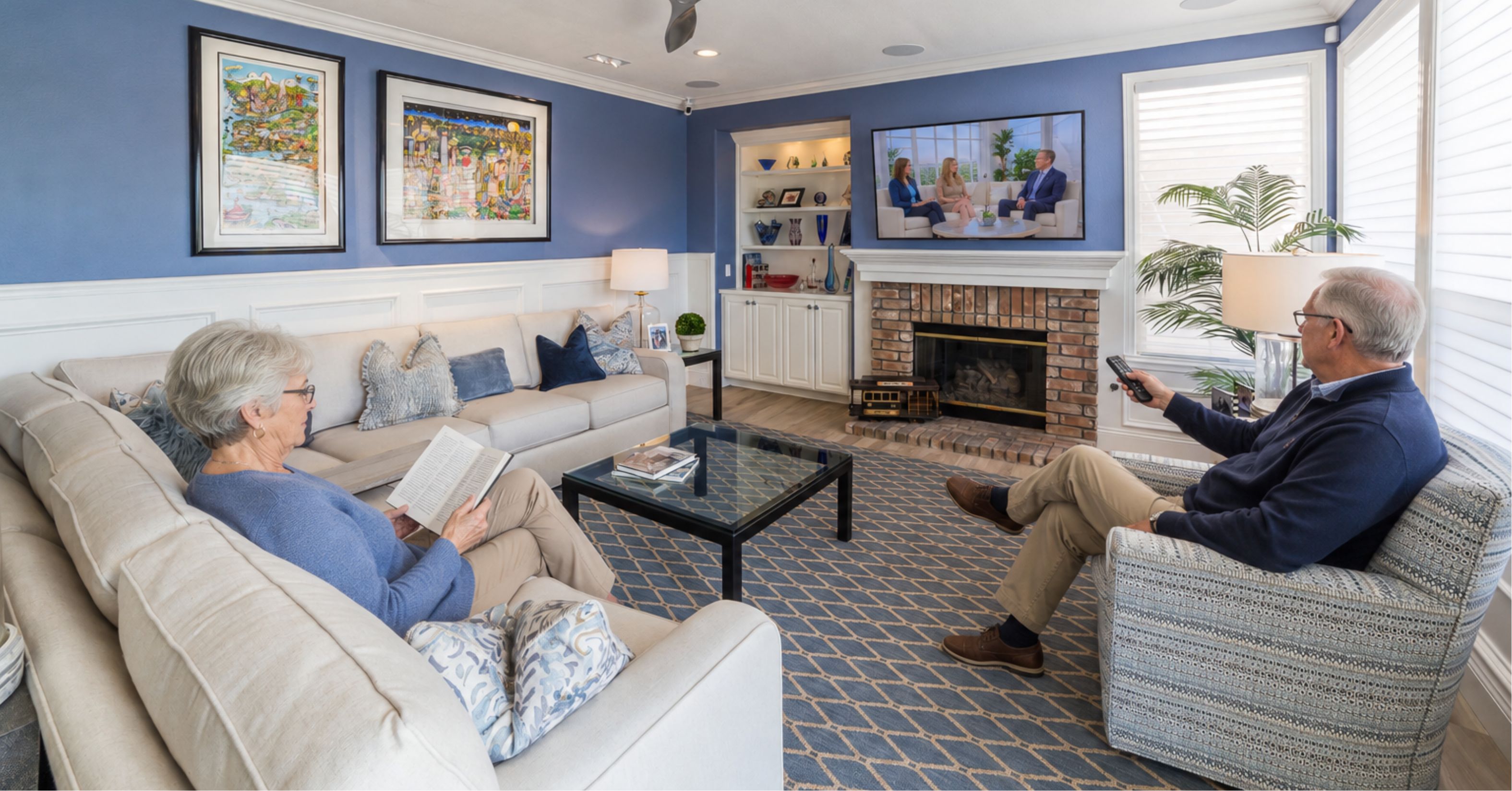 Older couple relaxing in a remodeled living room, with one reading and the other watching television in a comfortable, accessible home environment.