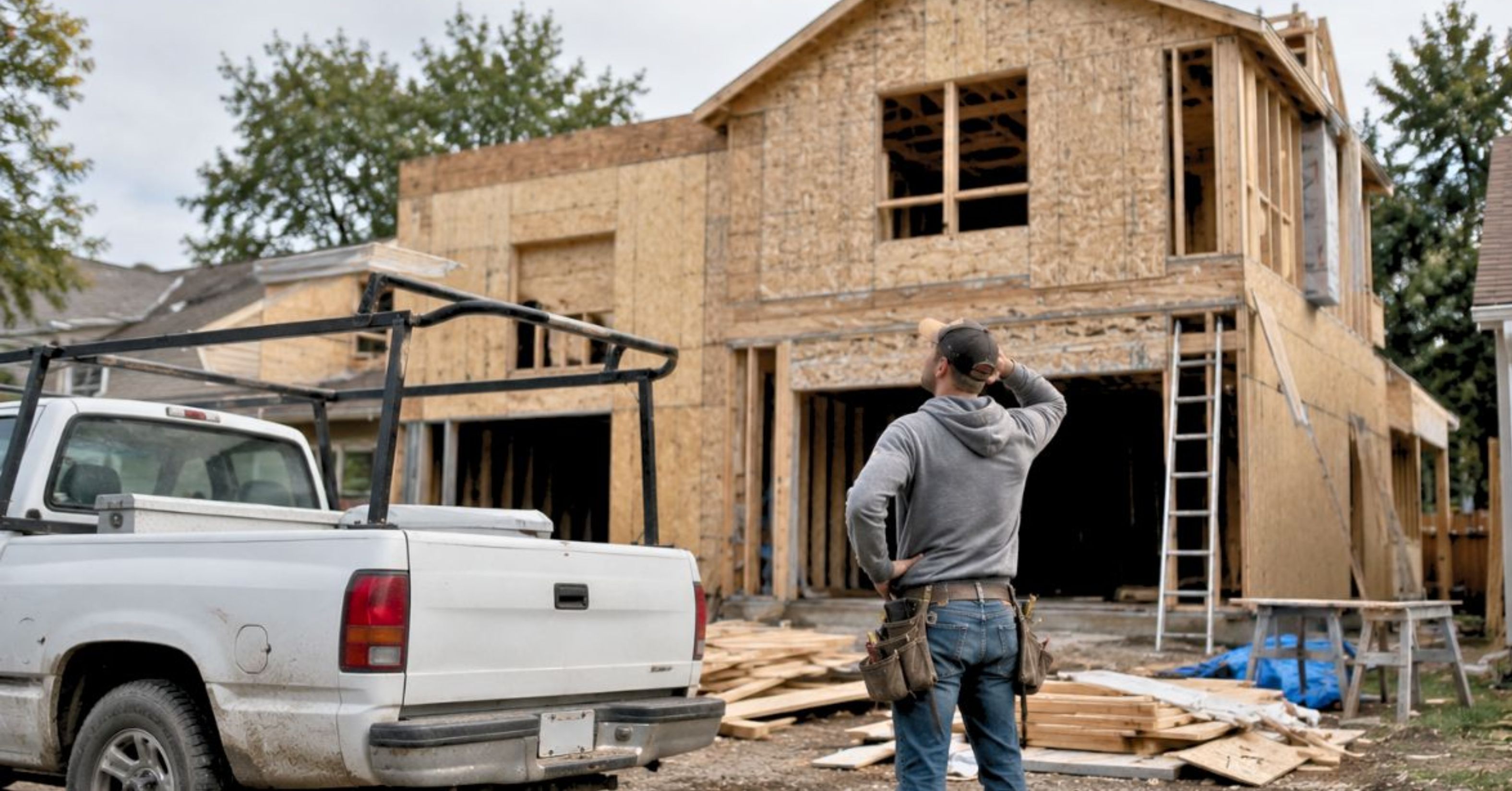 Contractor inspecting a custom home under construction, highlighting the importance of hiring a licensed remodeling contractor for major residential projects.