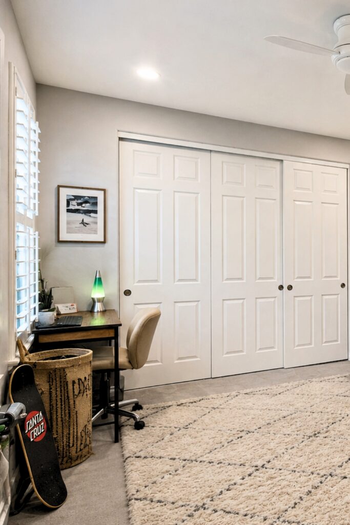 Teen bedroom with white sliding closet doors, a study desk, plantation shutters, and neutral furnishings.