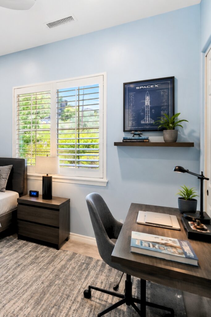 Blue bedroom workspace with a wood desk, gray chair, plantation shutters, floating shelf, and framed rocket artwork.