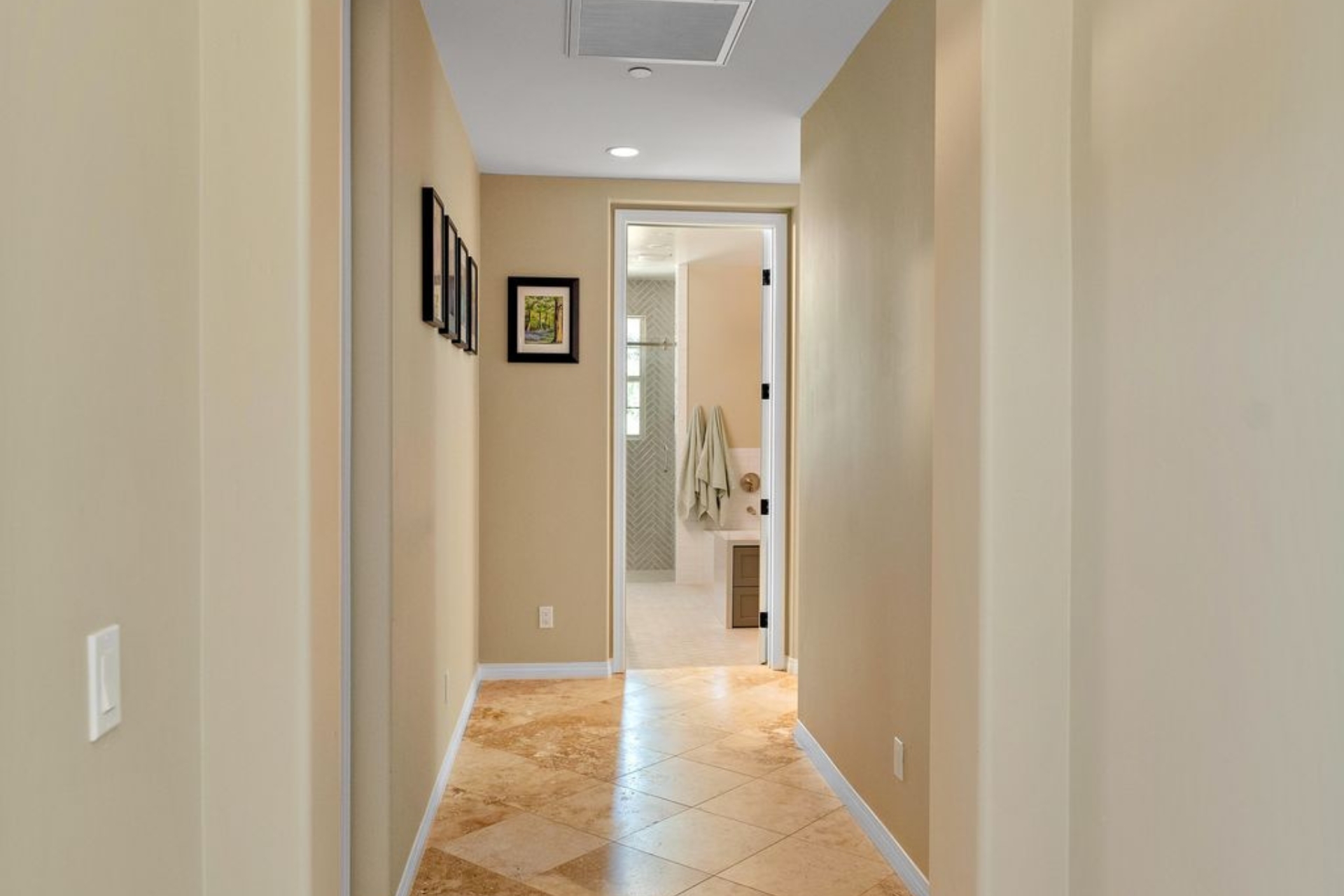 Interior hallway connecting a Rancho Bernardo bedroom addition to the remodeled bathroom and existing home.
