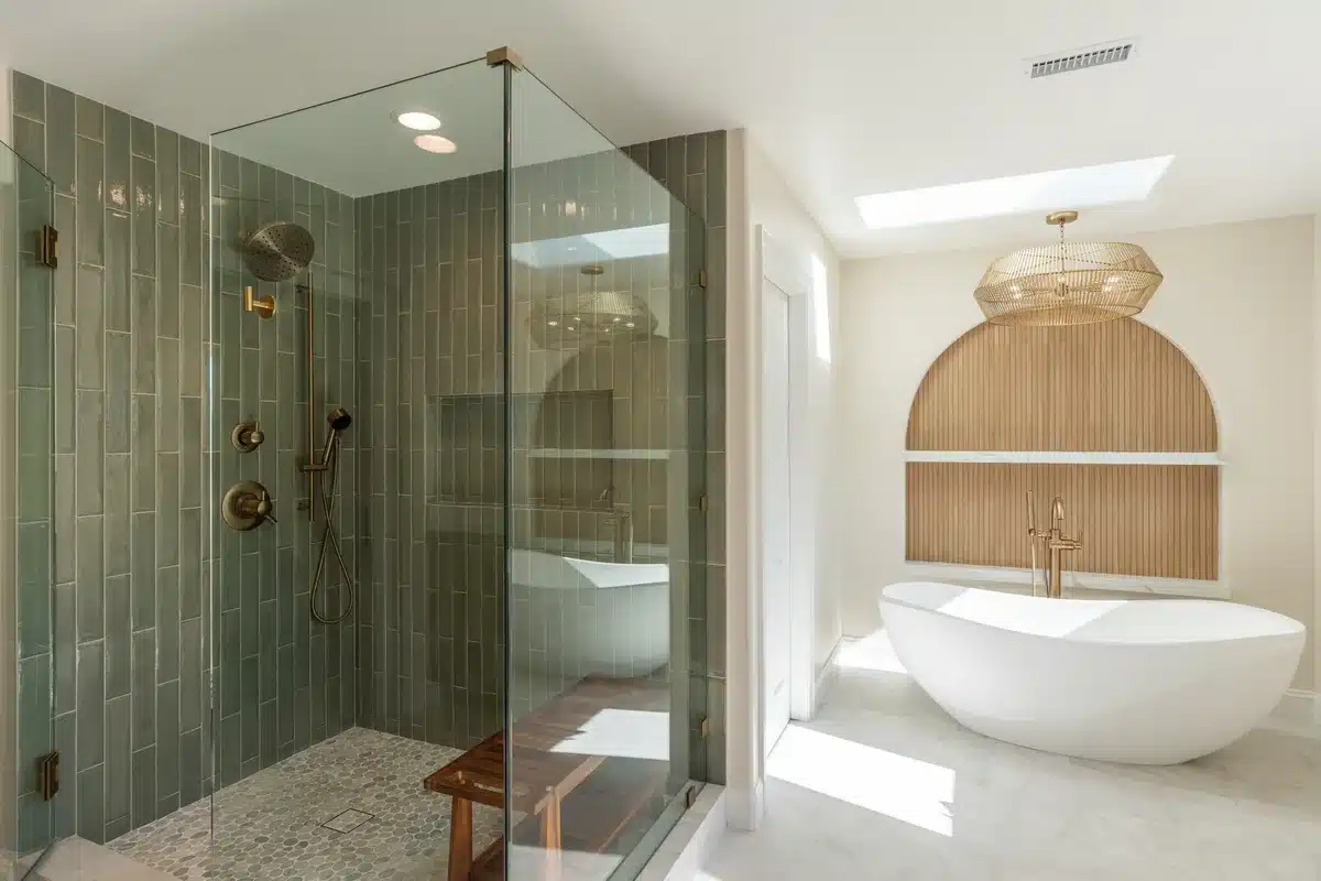 Bathroom with a glass-enclosed green tile shower and freestanding tub.