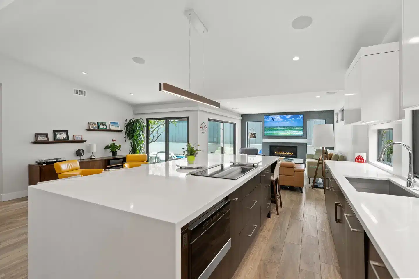 Open kitchen and living space in a La Jolla home renovation.
