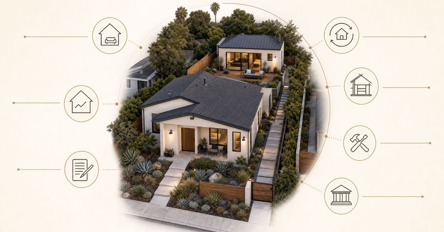 ADU financing infographic centered on a San Diego home and detached backyard dwelling