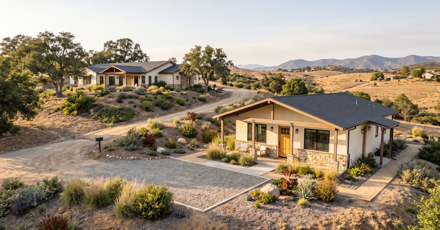 Detached ADU with covered porch on a large inland San Diego County property with a primary home, native landscaping, and surrounding hills.