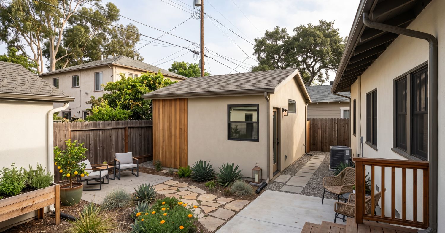 Compact detached ADU beside a fenced property line with a narrow side walkway, patio, and drought-tolerant backyard landscaping.