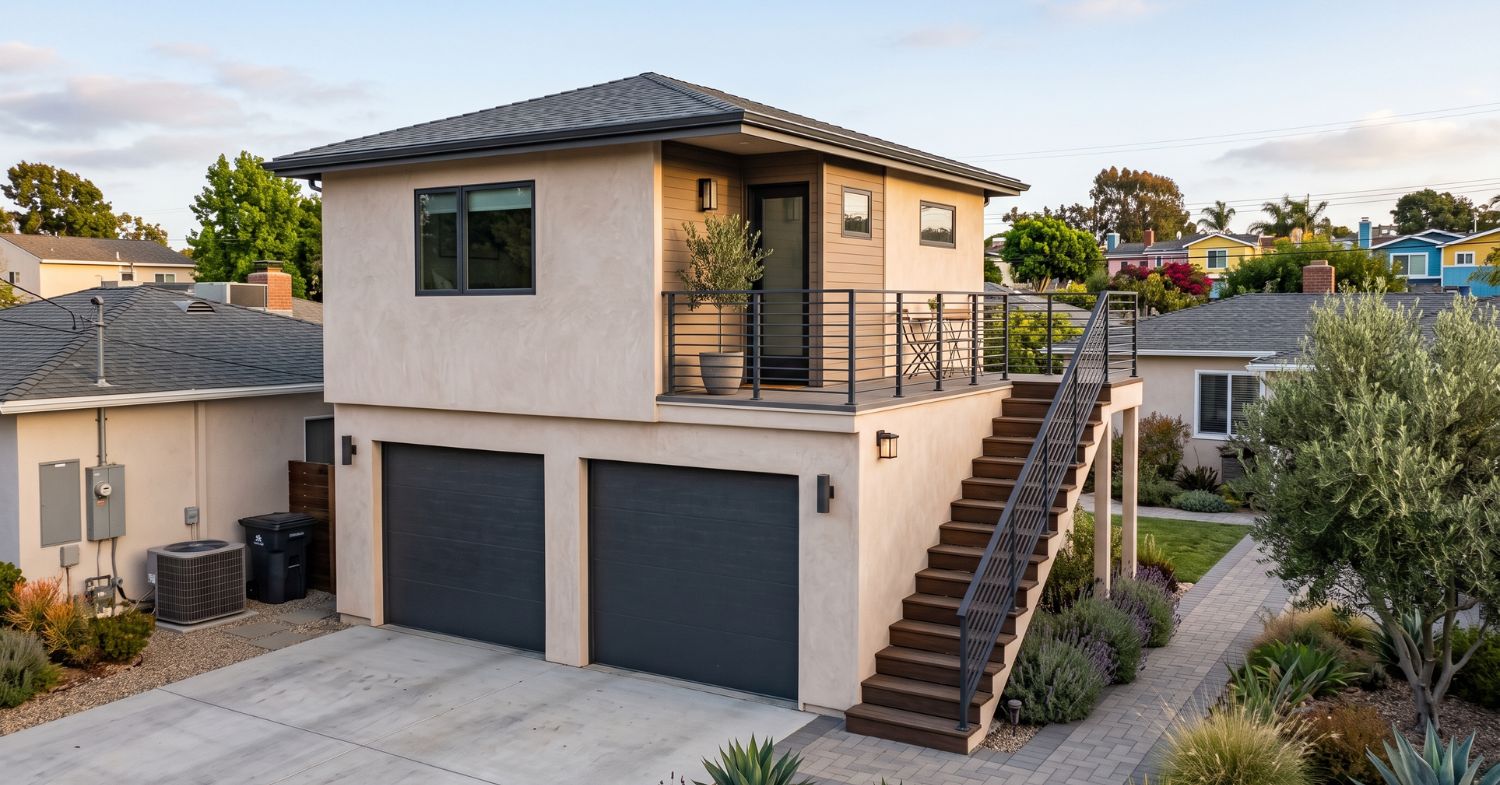 Second-story ADU above a two-car garage with private exterior stairs on a landscaped San Diego property