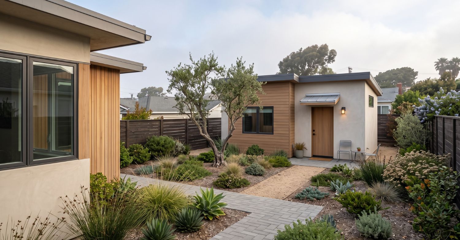 Compact contemporary detached ADU on a landscaped San Diego property with mature trees, privacy fencing, and a private entrance.