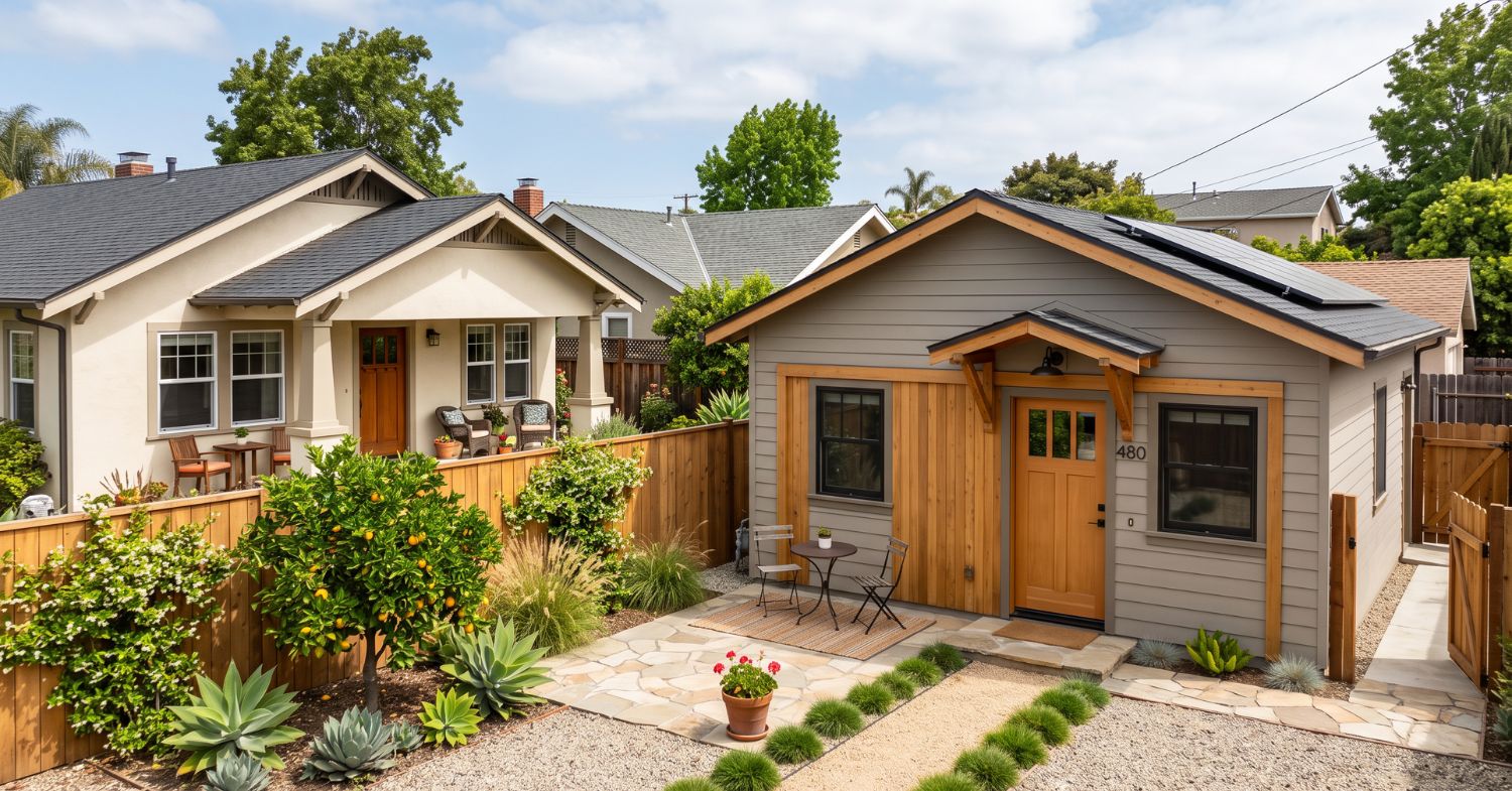 Converted detached garage ADU with private entrance, patio and landscaping beside a San Diego bungalow