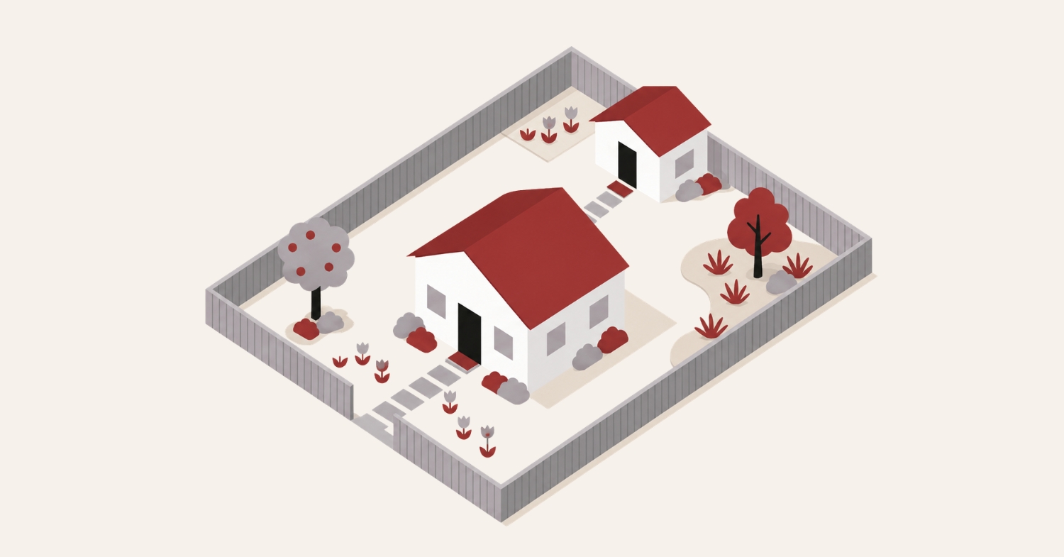 Illustration of a detached accessory dwelling unit behind a primary home
