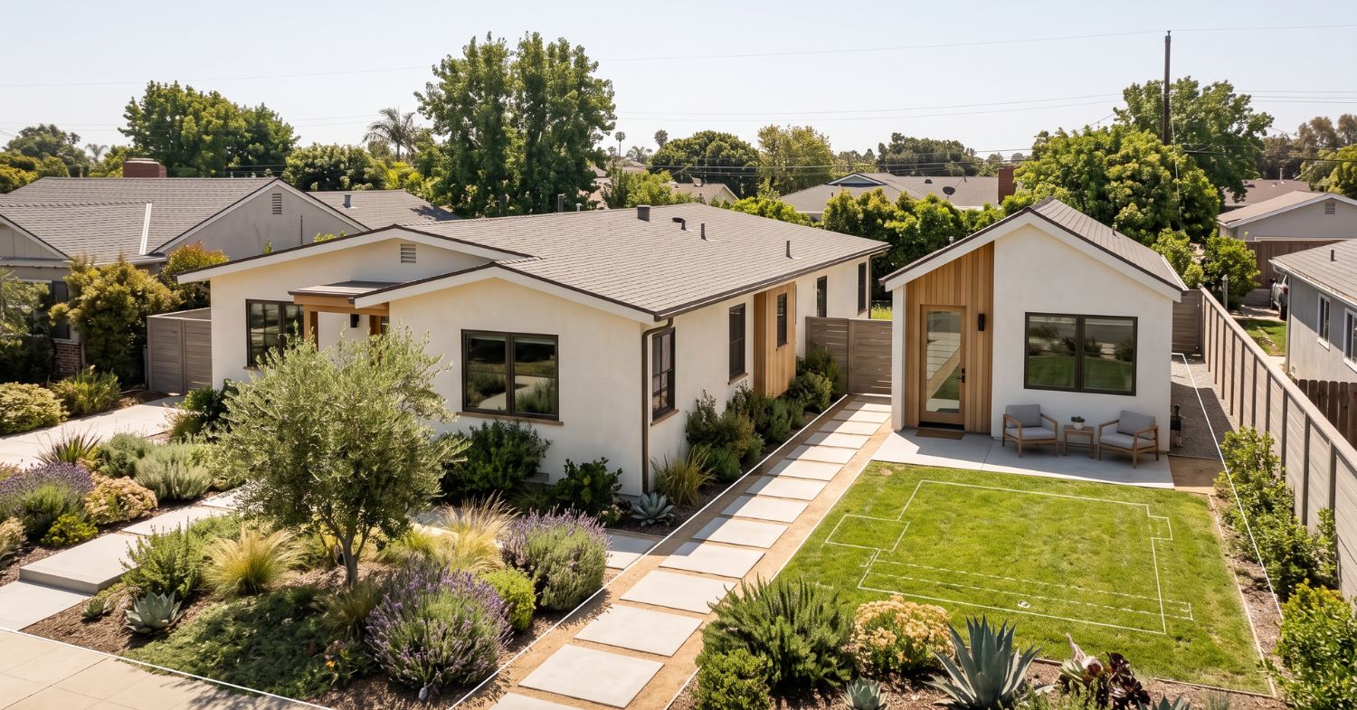San Diego single-family home with a detached backyard ADU, landscaped walkway, fencing, and subtle property planning lines.