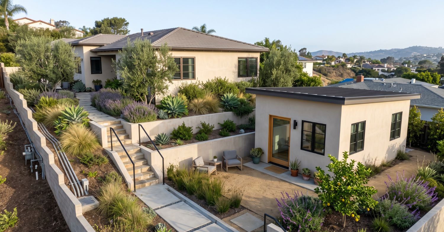 Detached ADU on a sloped San Diego property with retaining walls, stairs, drainage and landscaped terraces