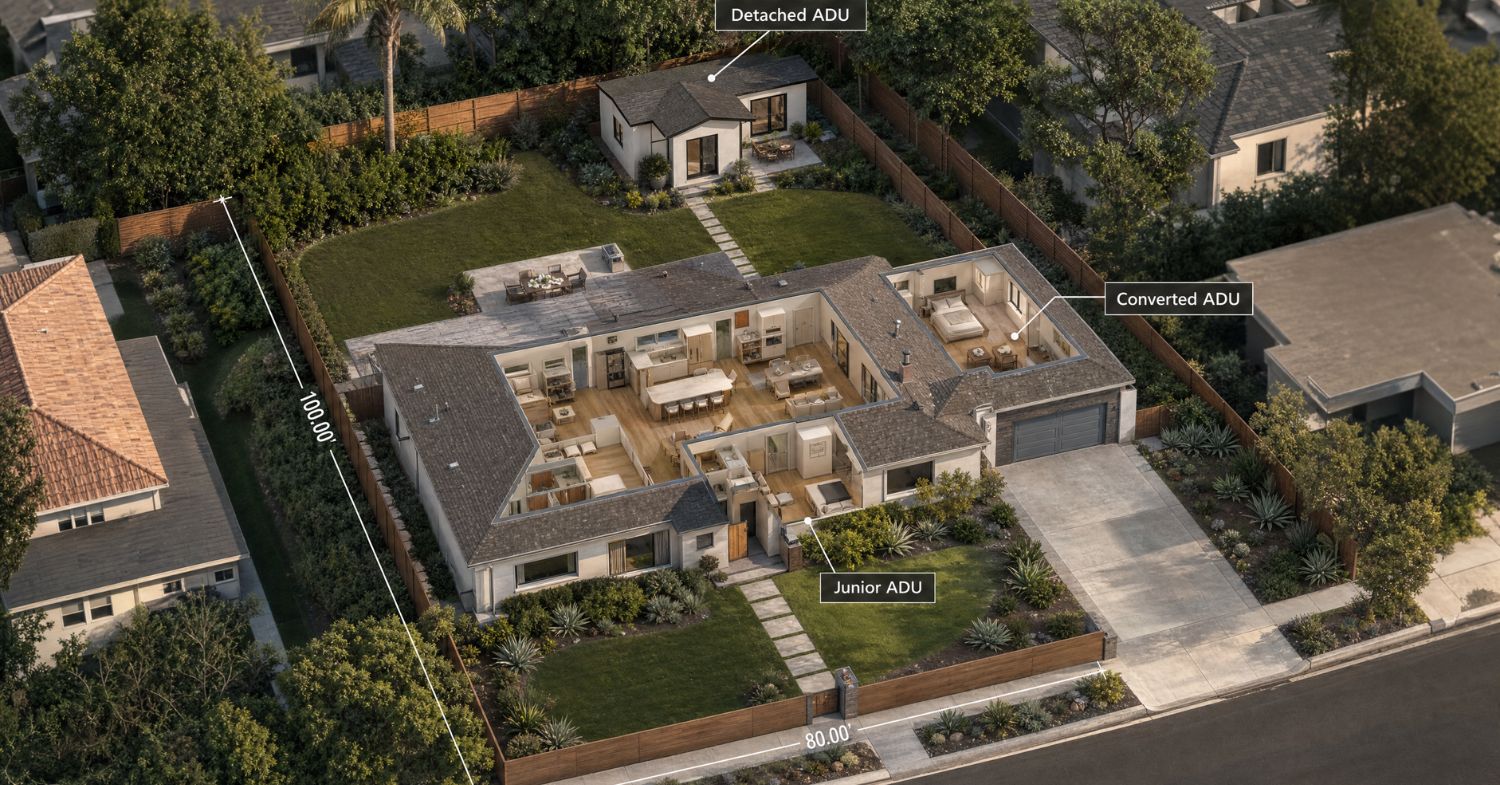 Aerial cutaway of a residential lot showing a primary home, detached ADU, converted ADU, and junior ADU.