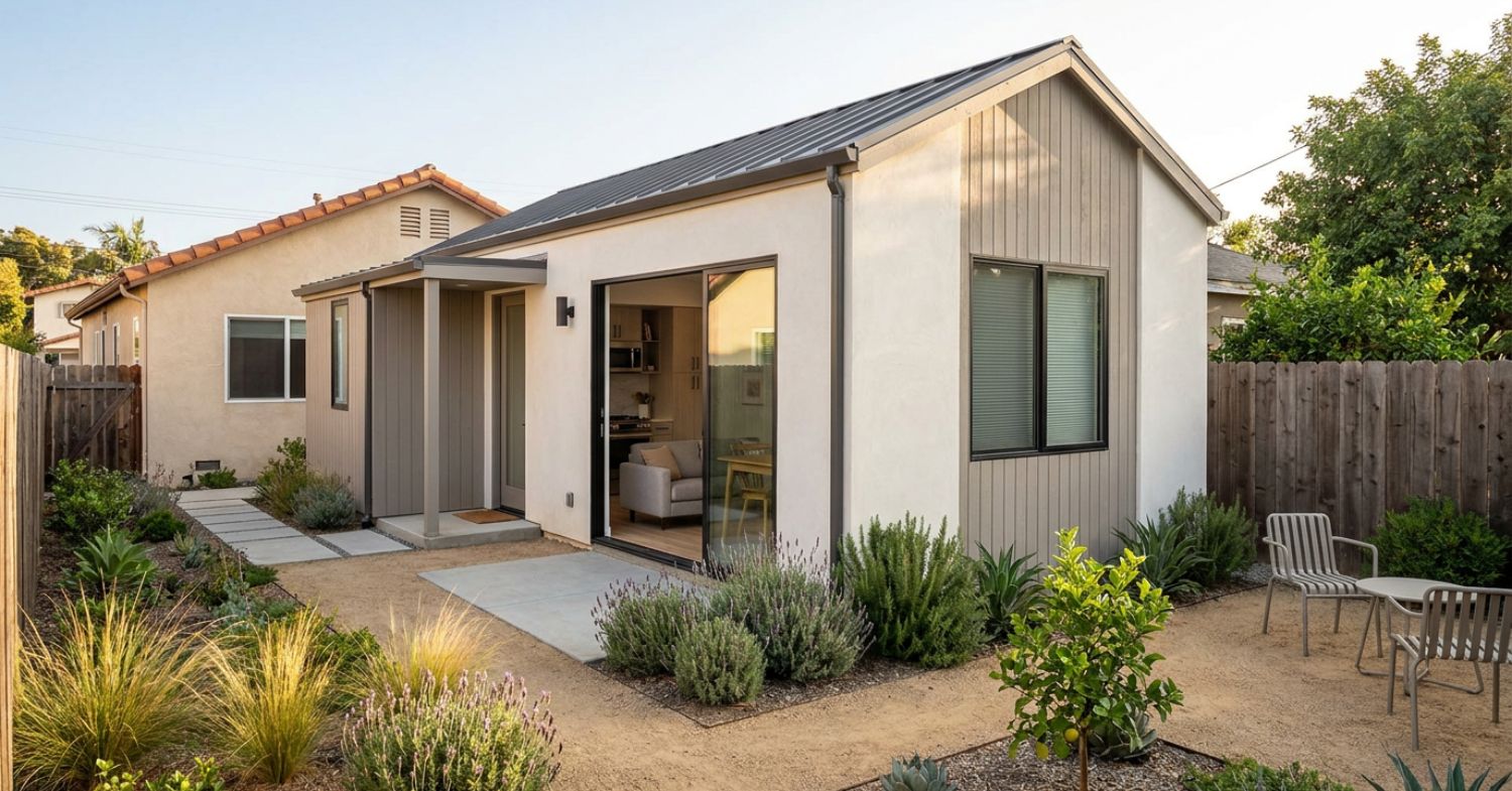 Compact detached San Diego ADU with white stucco, metal roof, wood entry, small patio, and primary residence across the landscaped yard.