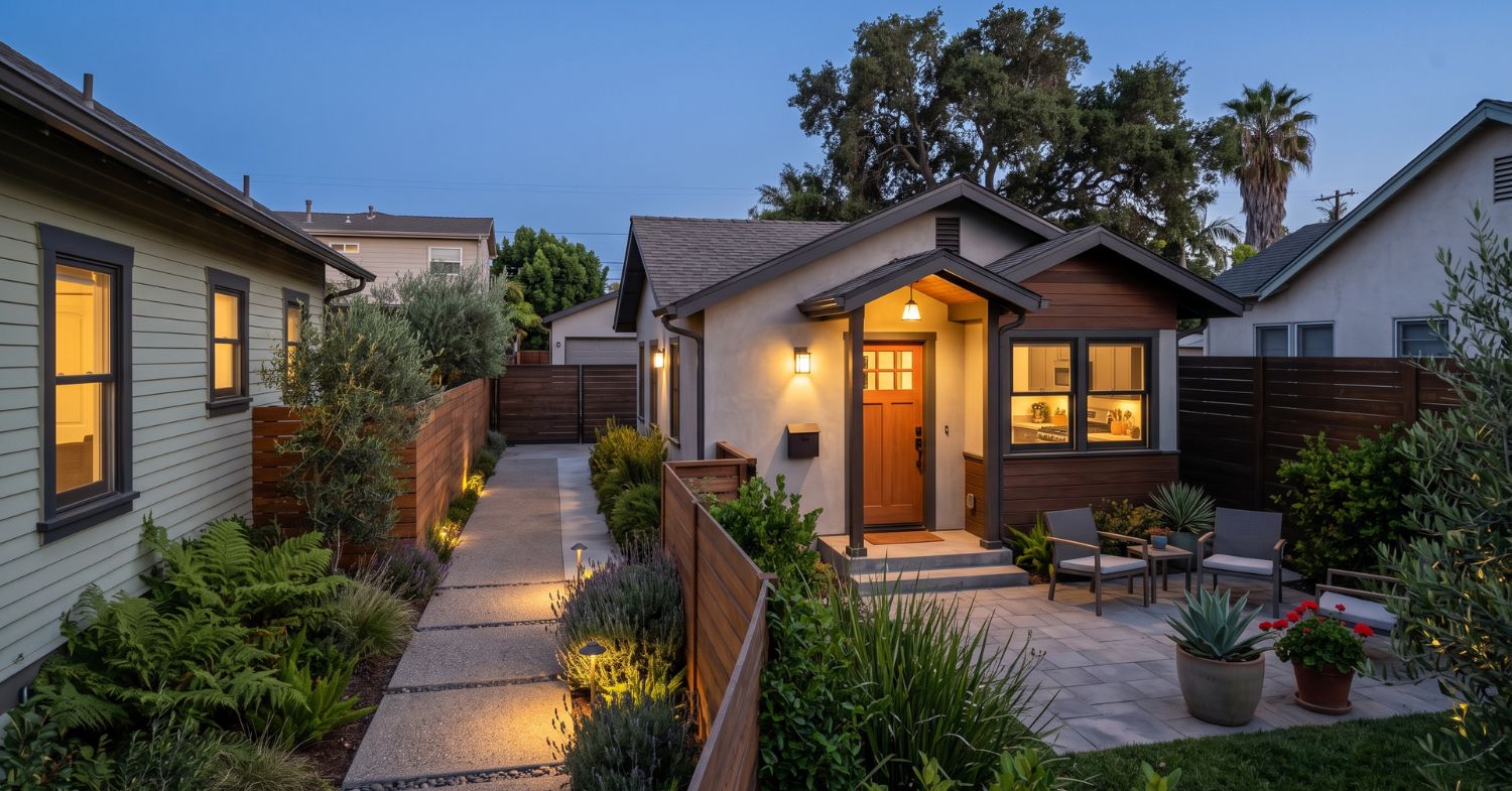 Detached backyard ADU with private entrance, separate walkway and patio illuminated at dusk