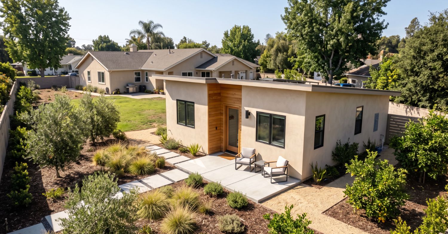 Detached contemporary ADU behind a San Diego home with private patio and drought-tolerant landscaping