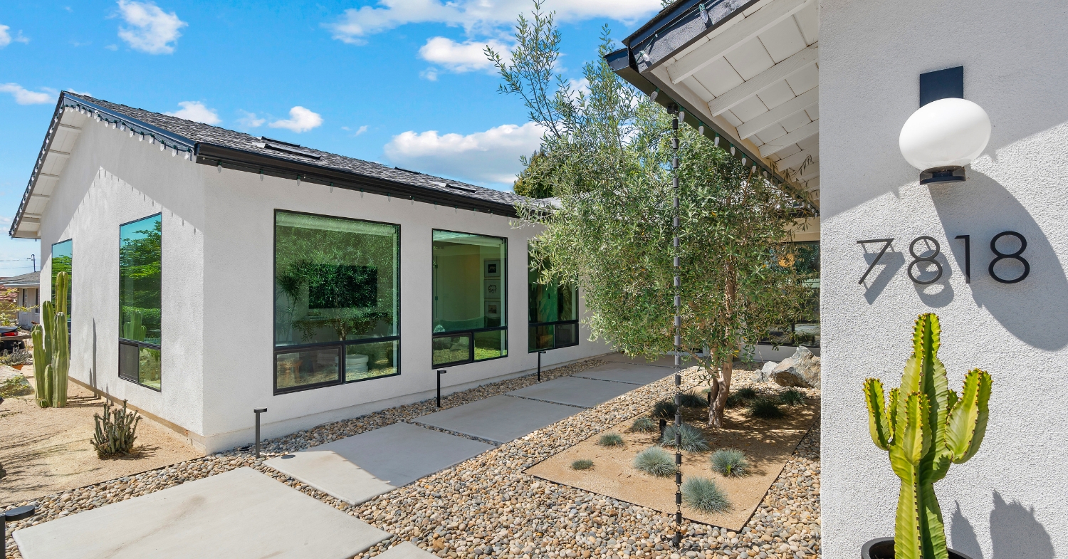 Front entrance of a modern San Diego ADU with contemporary landscaping