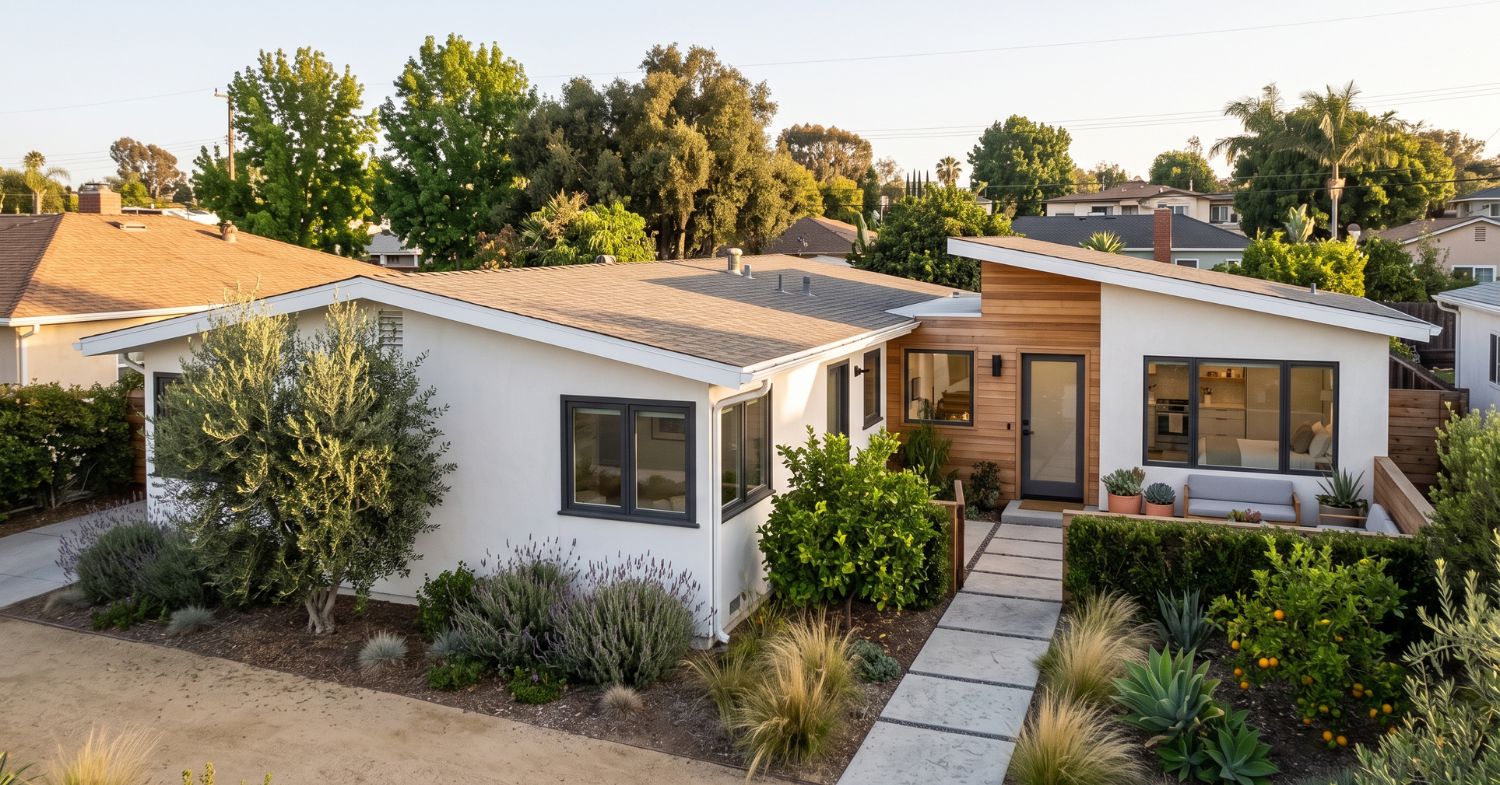Contemporary ADU addition integrated into an established San Diego home with separate entrance, patio, and drought-tolerant landscaping.