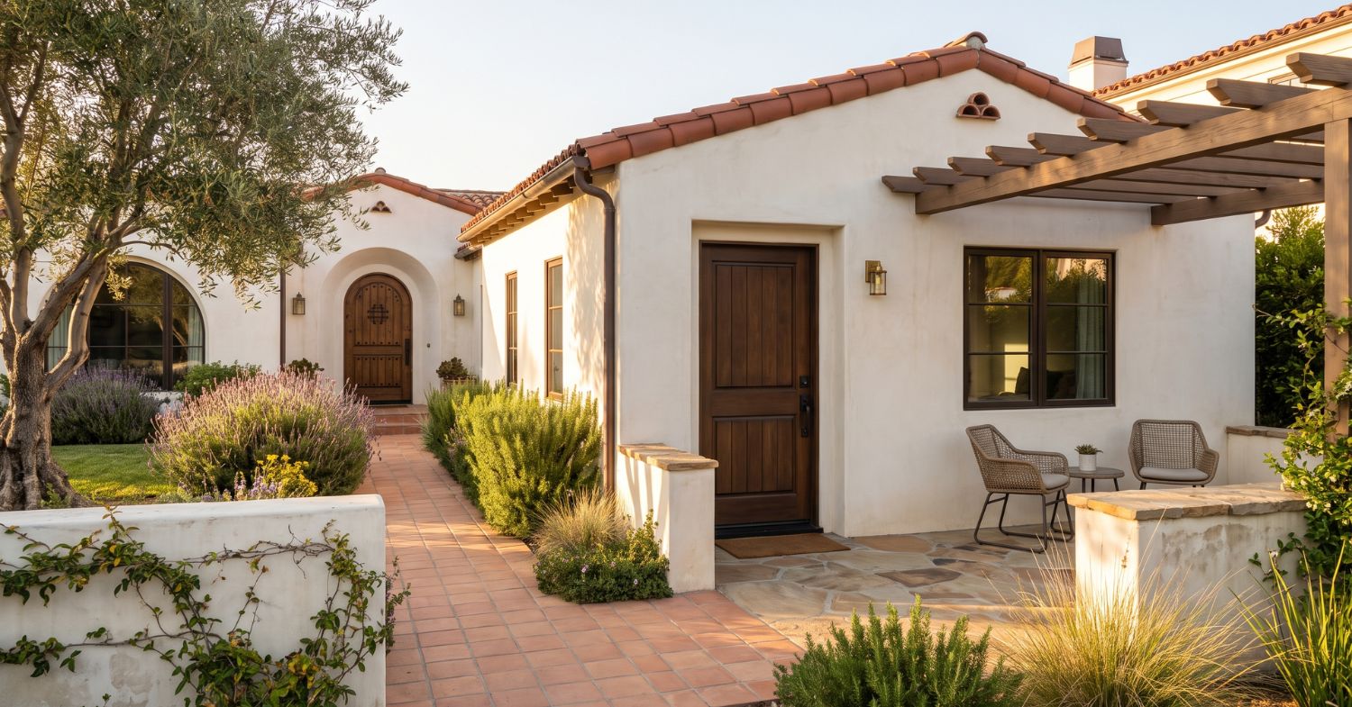 Spanish-style San Diego home with a separate junior ADU entrance, private patio, terracotta walkway, and mature Mediterranean landscaping.