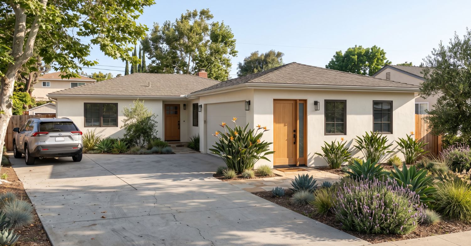 San Diego home with a converted garage living space, separate entrance, driveway, parked vehicle, and landscaped front yard.