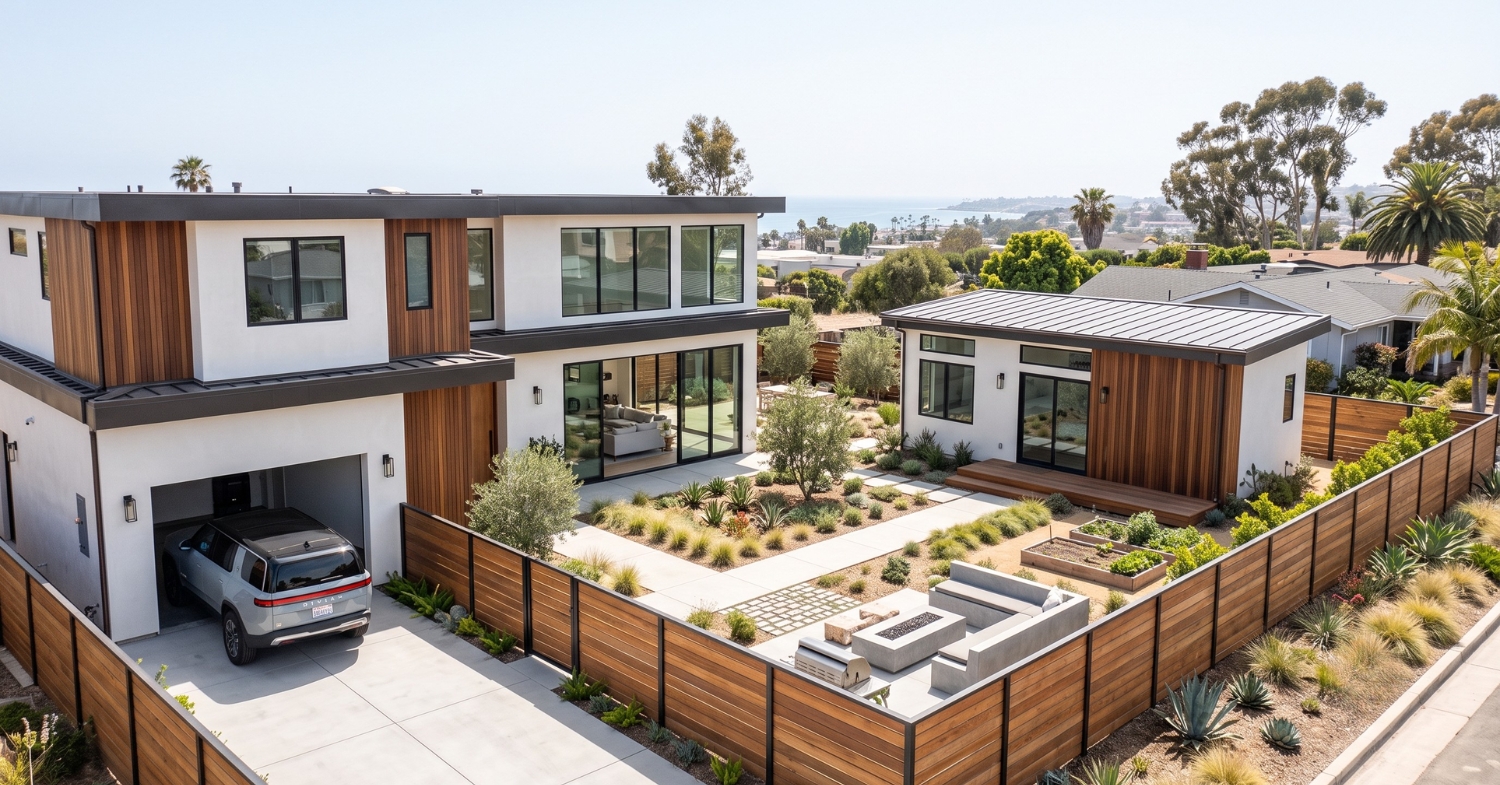 Modern custom home with detached ADU illustrating a completed permitted project