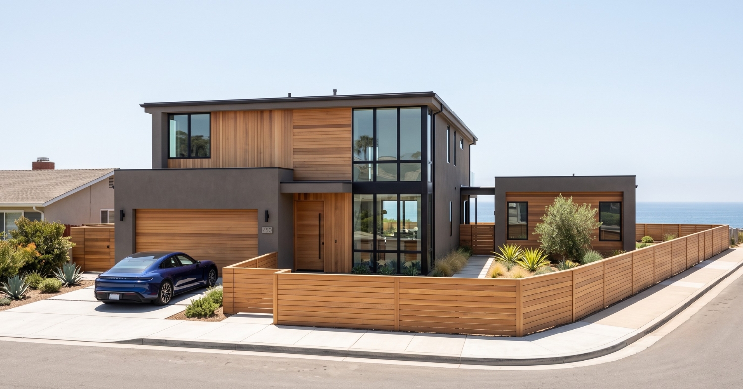 Modern detached ADU positioned behind a contemporary San Diego home